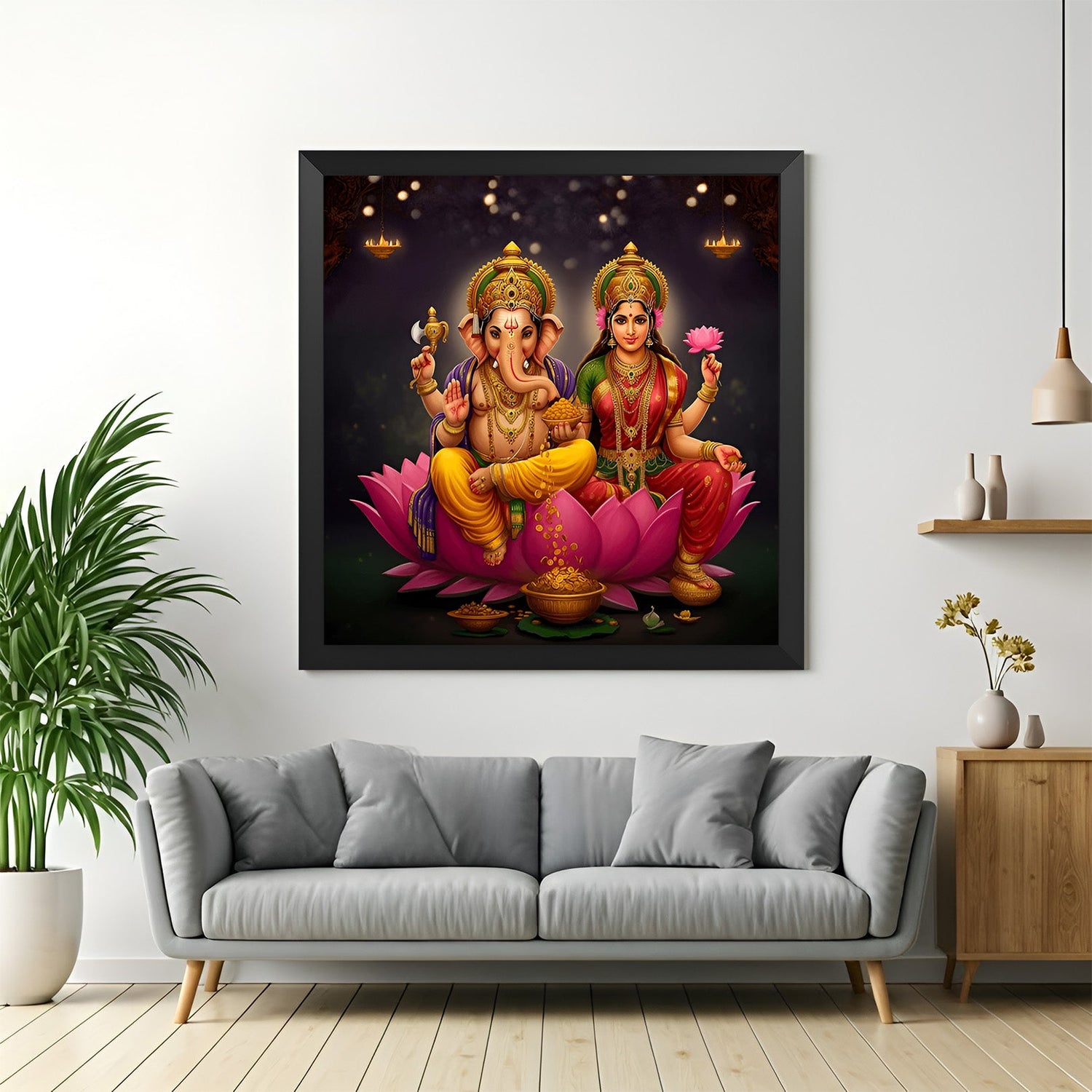 black frame vastu canvas painting of ganesh and laxmi ji for peaceful home environment financial growth and spiritual upliftment
