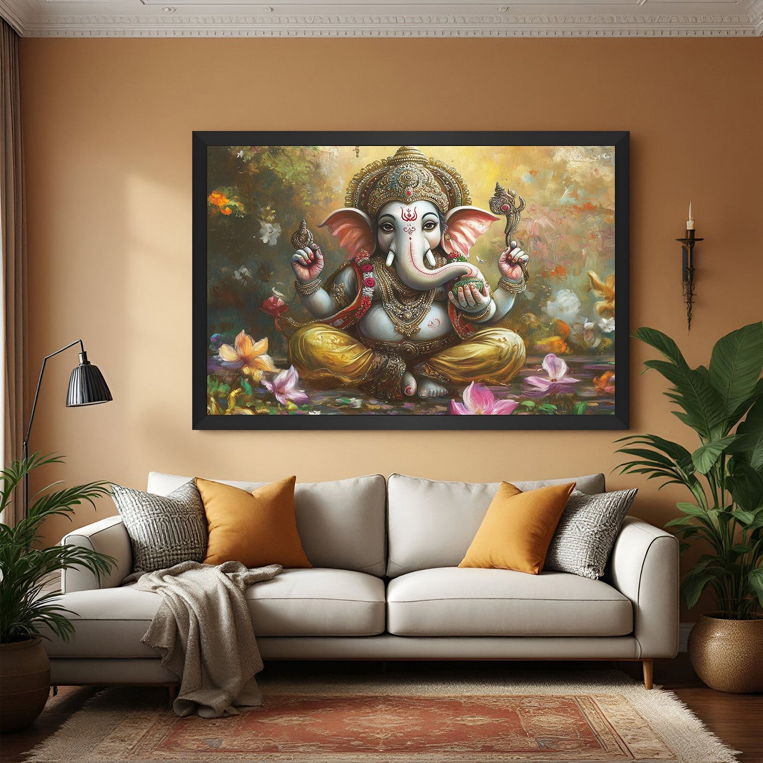Black frame Lord Ganesh canvas painting for spiritual clarity, new beginnings, and vastu-aligned protection in interior wall decor