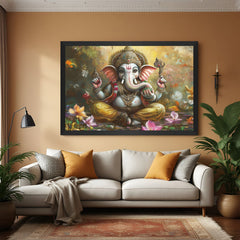 Black frame Lord Ganesh canvas painting for spiritual clarity, new beginnings, and vastu-aligned protection in interior wall decor
