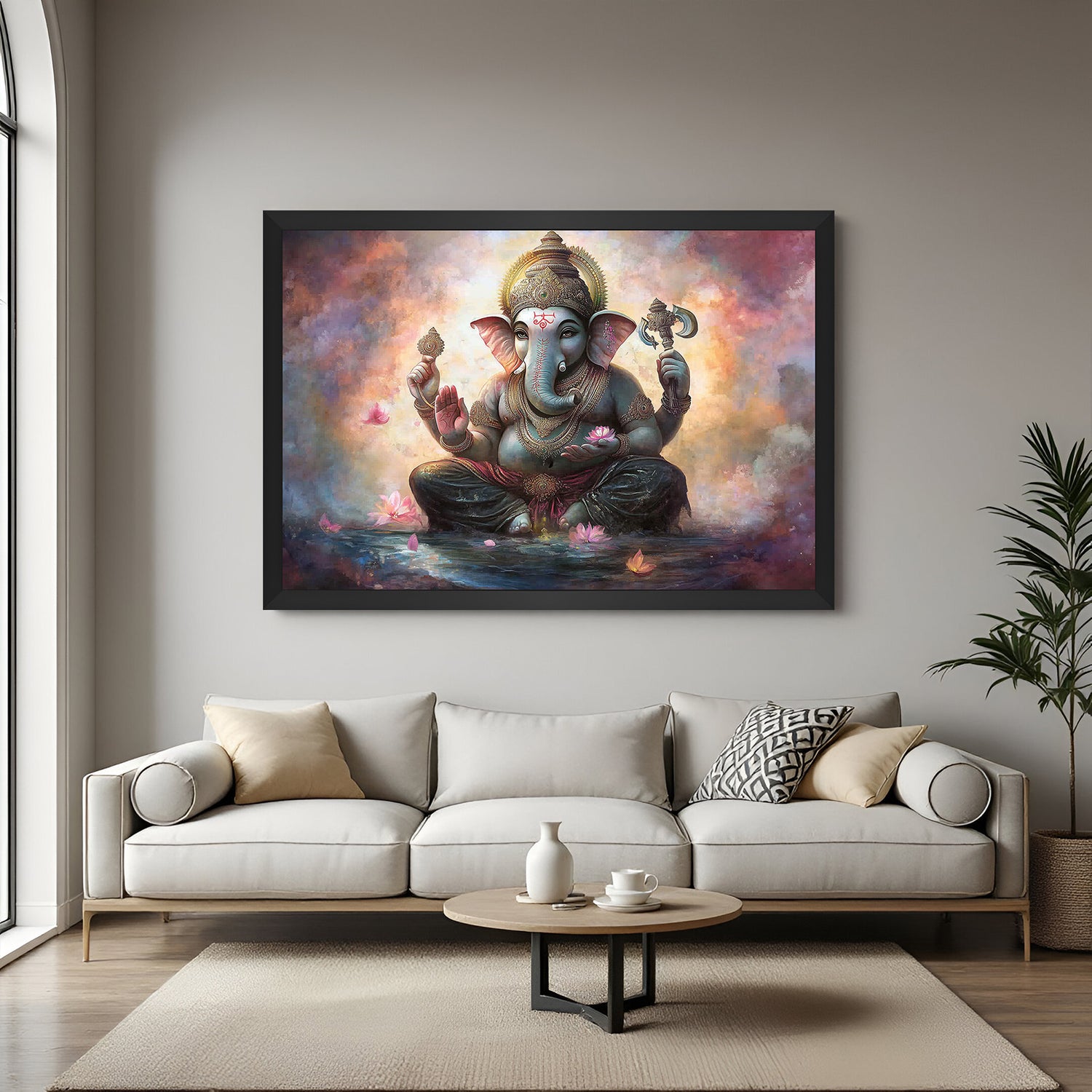 Black frame Ganesh canvas wall art radiating vastu-based harmony, intellect, and divine protection for sacred interior spaces