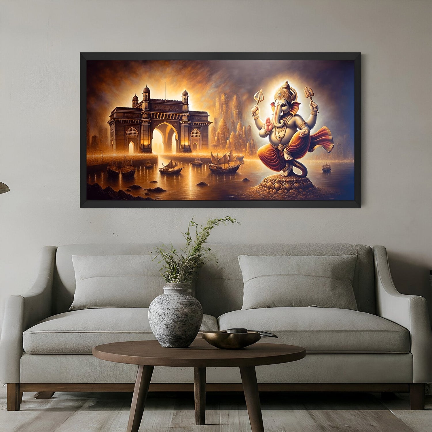 Black frame Ganesha canvas painting – divine Vastu wall art for peaceful and productive office and home decor
