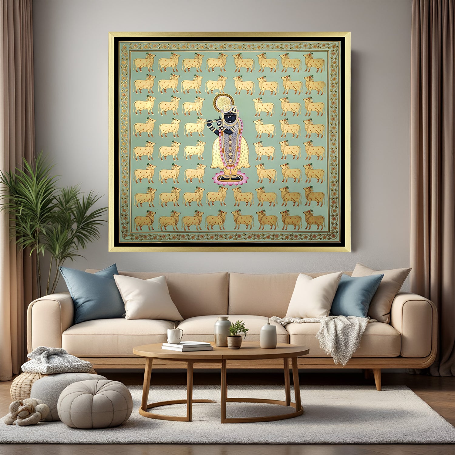 Royal Shrinathji canvas painting with sacred golden cows in luxurious golden floater frame