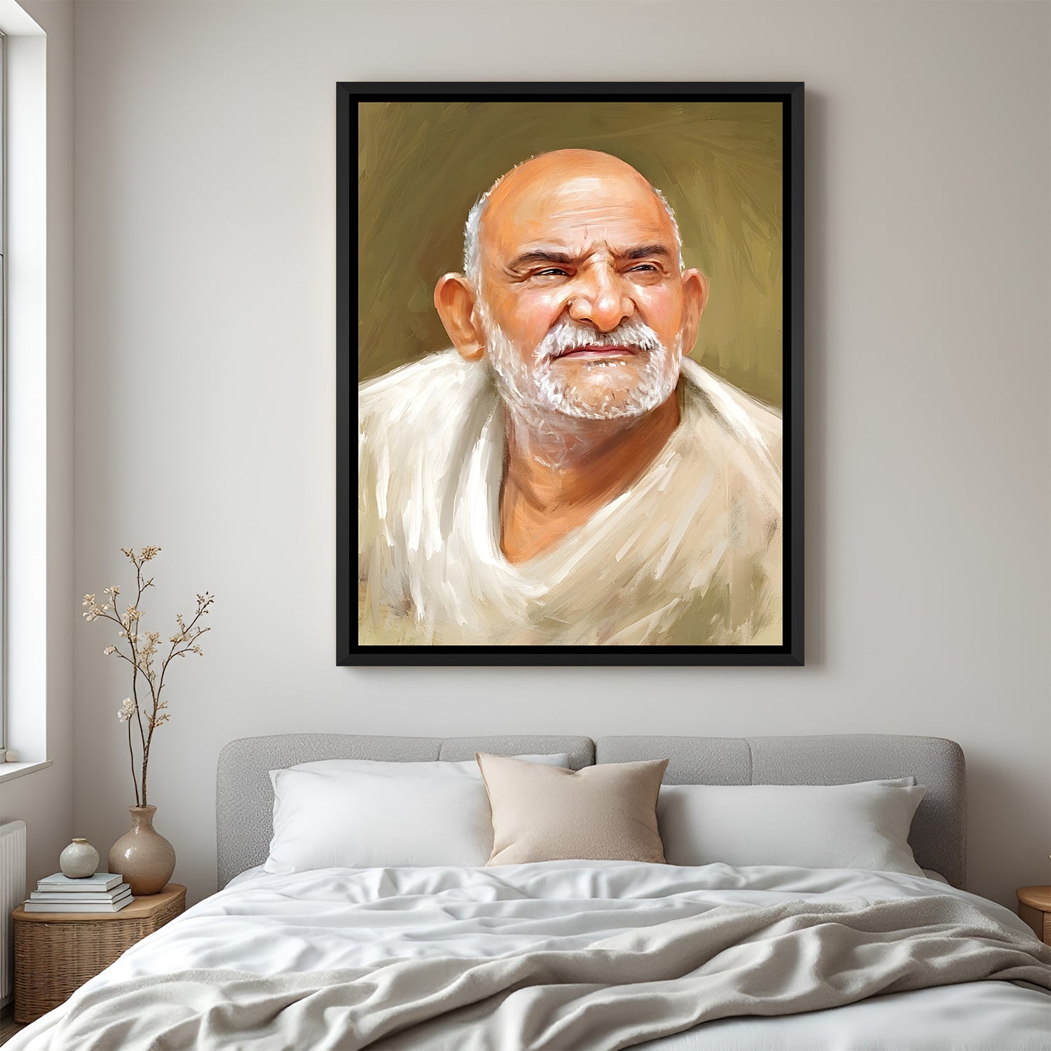 Close-up Neem Karoli Baba face wall artwork in elegant black floater frame