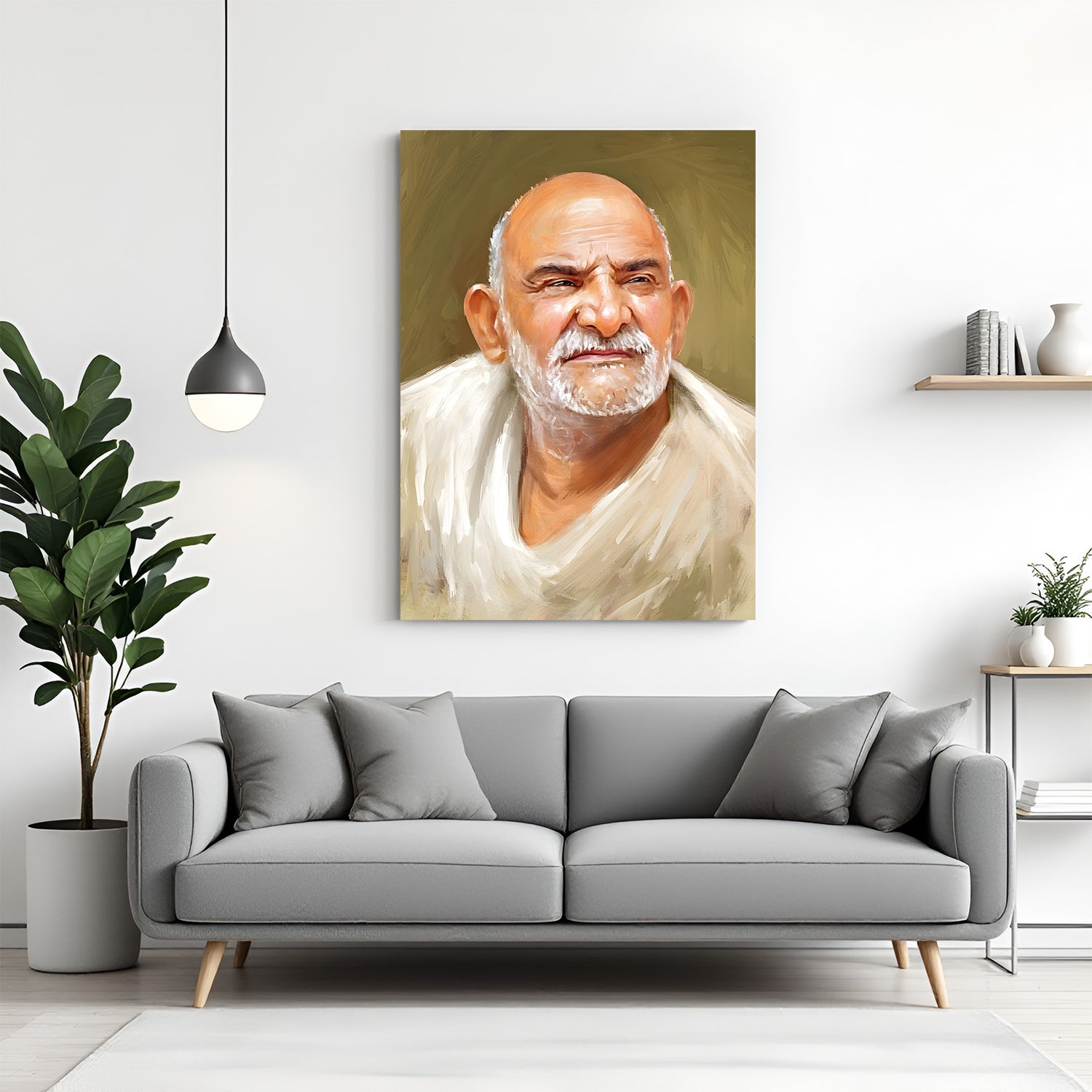Neem Karoli Baba face portrait artwork with serene spiritual expression in premium canvas wrapped frame