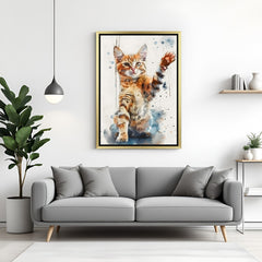 Graceful resting cat printed on canvas with golden floater frame, perfect minimalist animal wall art for serene home decor