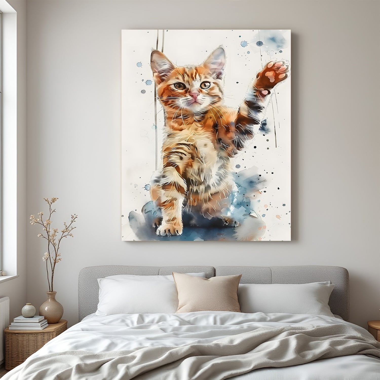 Peaceful cat resting in minimalist painted style on canvas, perfect wall art for calm and elegant home interior spaces