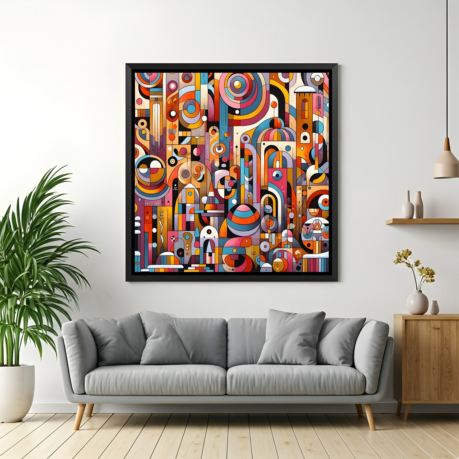 Modern colorful geometric abstract painting in black floater frame
