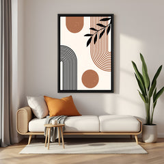 Modern boho abstract canvas with black floater frame – lines, curves, and circular forms