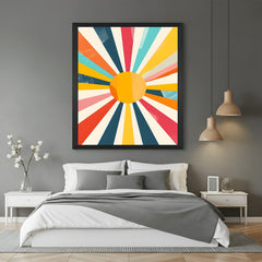 Colorful sun canvas print with spaced rays and black floater frame
