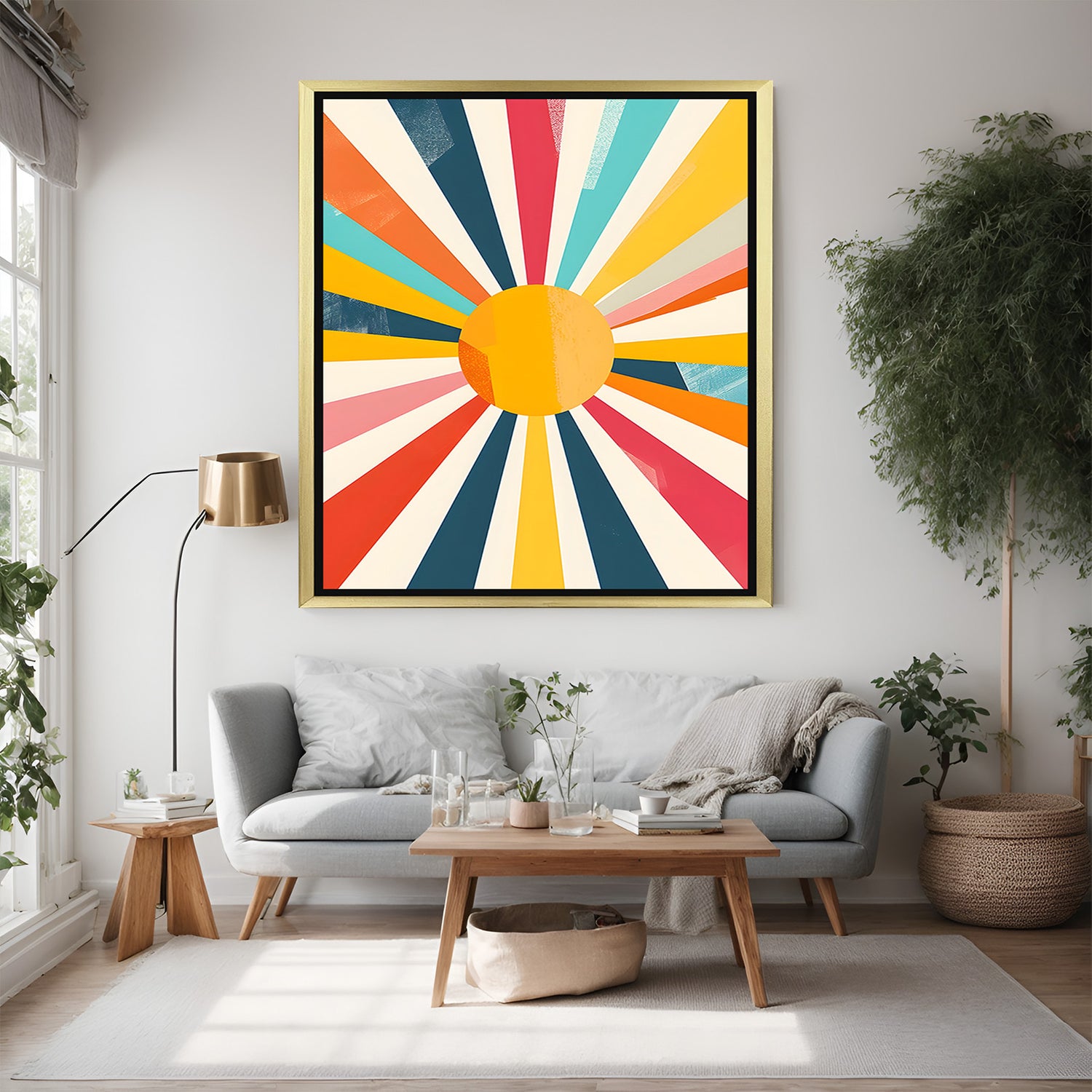 Abstract sun wall art with vibrant rays and golden floater frame