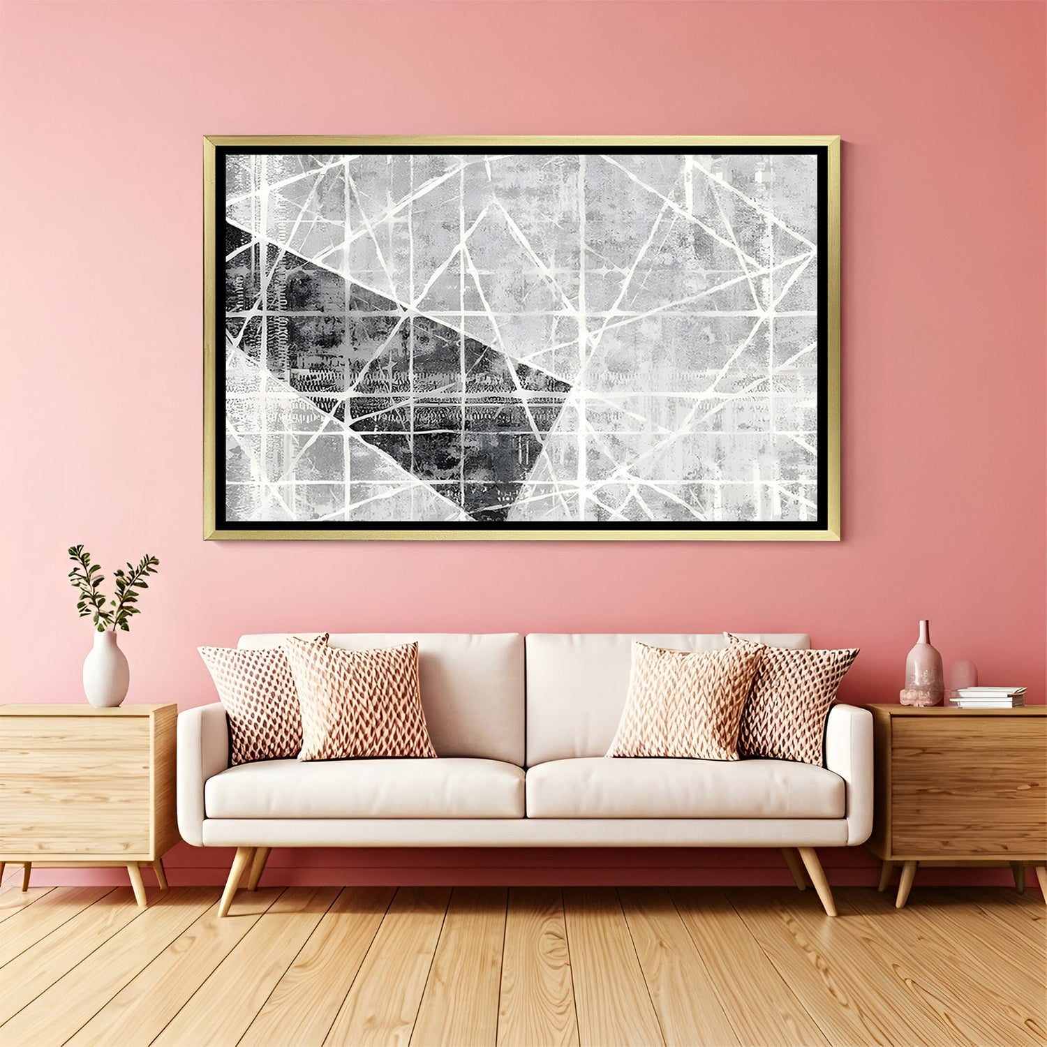 Contemporary geometric lines wall art with golden frame and textured grey design