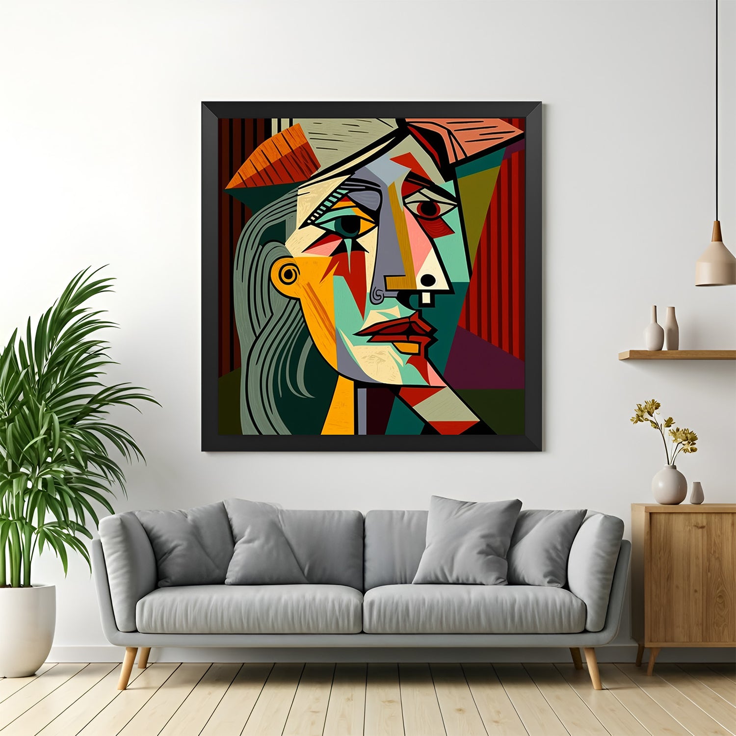 Black frame geometric male face wall art – cubist canvas with abstract Picasso design in modern art style for wall decor
