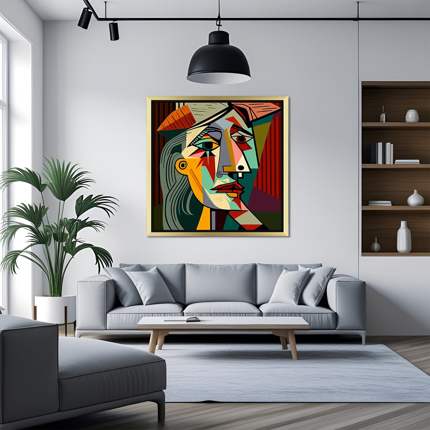 Golden frame Picasso-style male face – abstract canvas wall art with colorful geometric features and bold artistic texture