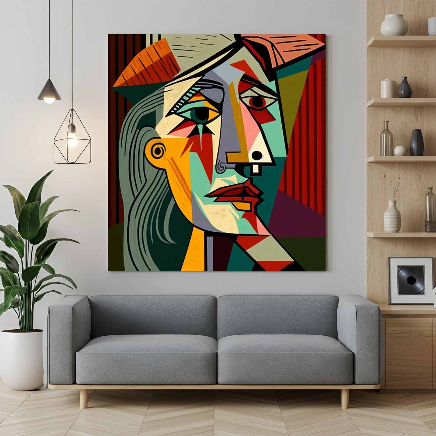 Geometric male face abstract wall art – Picasso-inspired cubist canvas print with bold shapes and vivid artistic expression