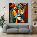 Geometric male face abstract wall art – Picasso-inspired cubist canvas print with bold shapes and vivid artistic expression
