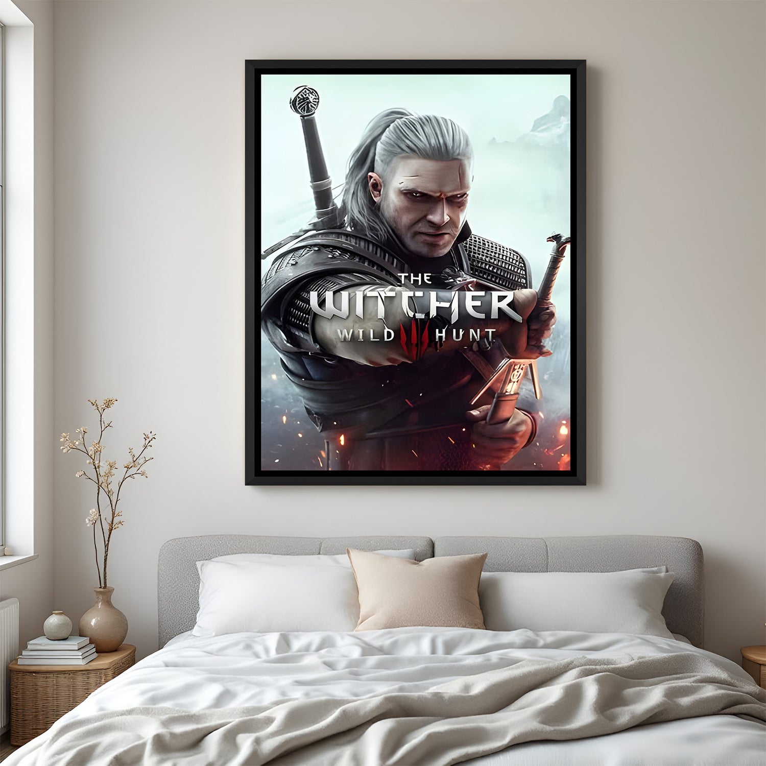 Geralt Hunter of Legends wall painting in black floater frame with cinematic fantasy RPG artwork