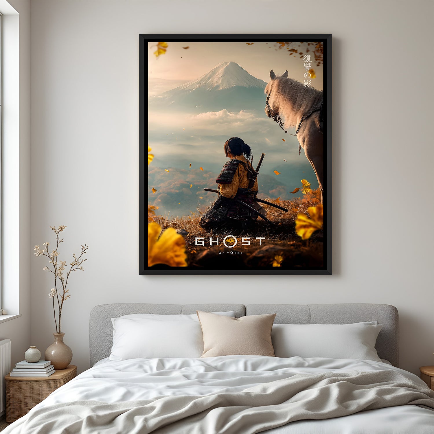 Ghost of Yōtei Rising Storm wall painting in black floater frame with epic samurai-inspired gaming artwork