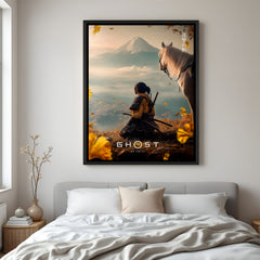 Ghost of Yōtei Rising Storm wall painting in black floater frame with epic samurai-inspired gaming artwork