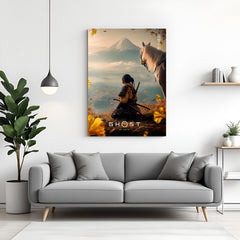 Ghost of Yōtei Rising Storm canvas wall art featuring a lone warrior and cinematic mountain landscape in premium canvas wrapped frame