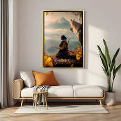Ghost of Yōtei Rising Storm artwork in luxury golden floater frame featuring atmospheric warrior and landscape design