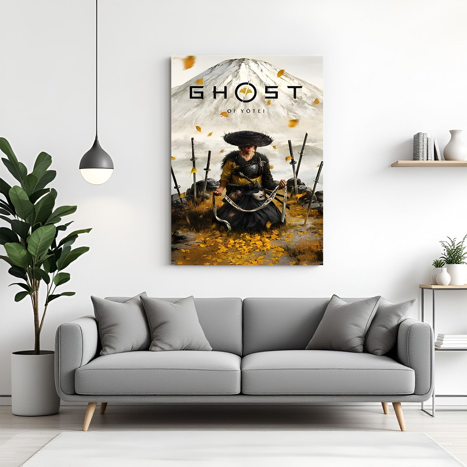 Ghost of Yōtei Winds of Destiny canvas wall art featuring a warrior amidst dramatic landscapes in premium canvas wrapped frame