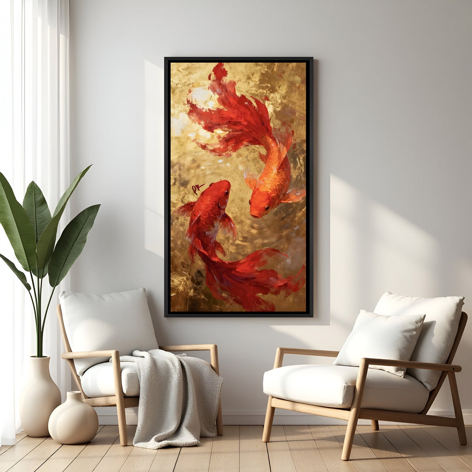 Luxury vertical koi fish artwork with vibrant colors and golden texture in elegant black floater frame