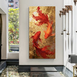 Vertical wall art featuring red and orange koi fish against a textured golden background in premium canvas wrapped frame