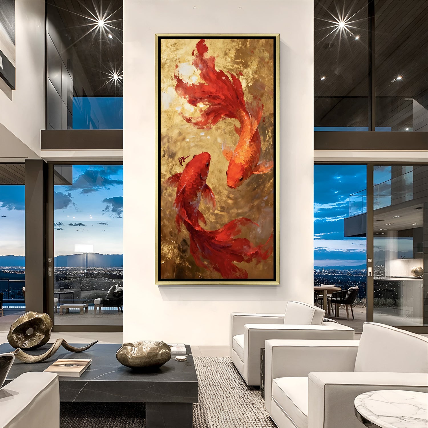 Gilded Cascade Crimson Koi artwork in luxury golden floater frame featuring vibrant red and orange fish