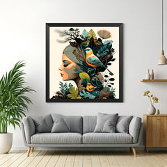 Black-framed modern art of a girl with a bird on her head—peaceful and emotional canvas wall decor depicting harmony with nature