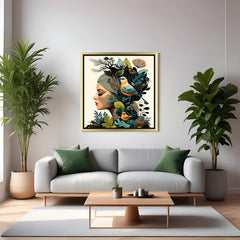 Golden-framed modern art canvas of girl and bird—beautiful symbolic artwork showing animal love and feminine grace for warm, heartfelt interiors