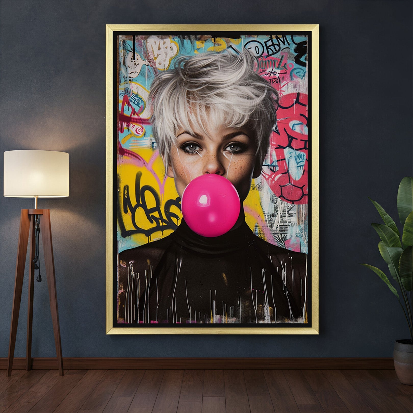 Girl Blowing Bubble Gum – Quirky Canvas Art for Modern Wall Decor