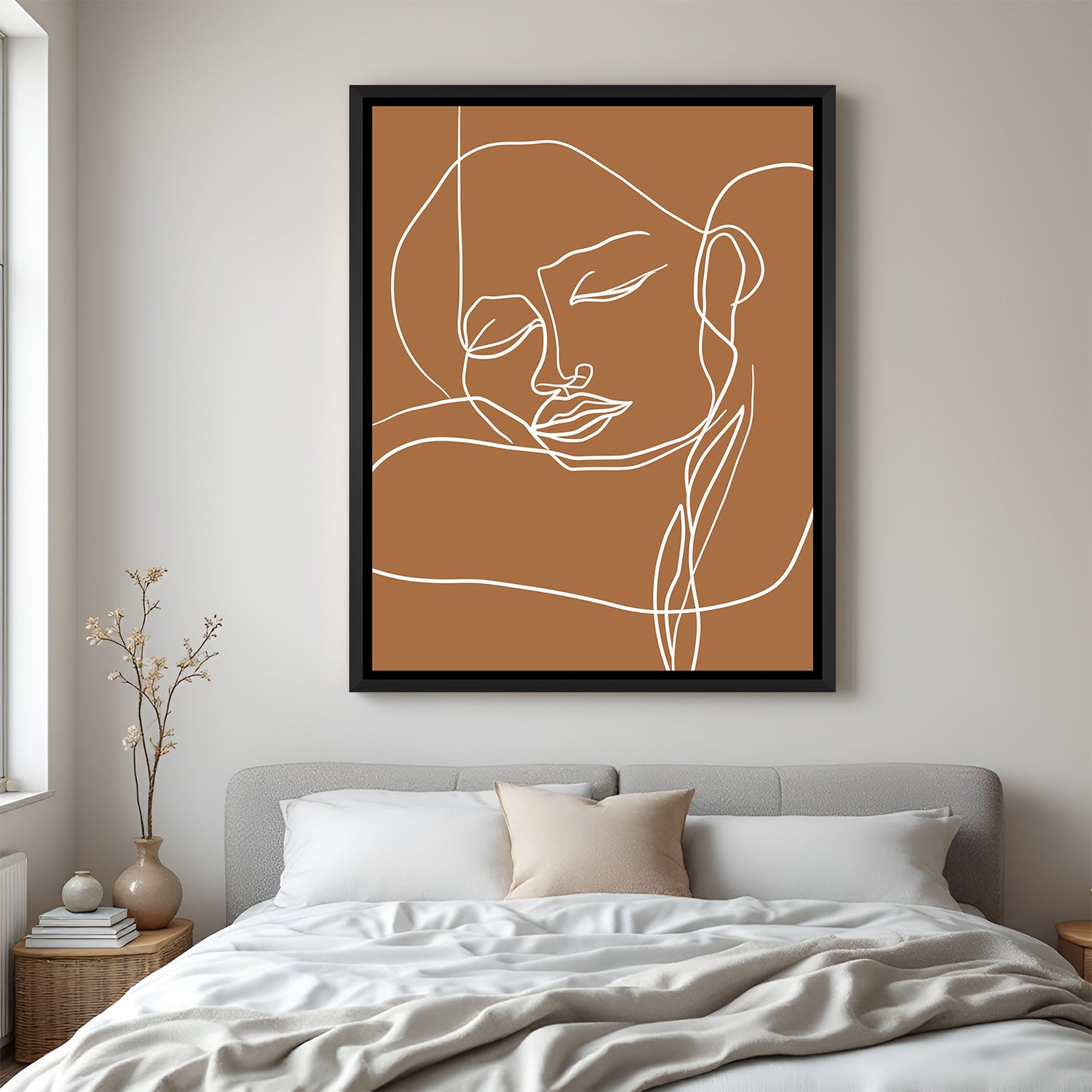 Single line girl face canvas wall art in black floater frame – minimal abstract boho style