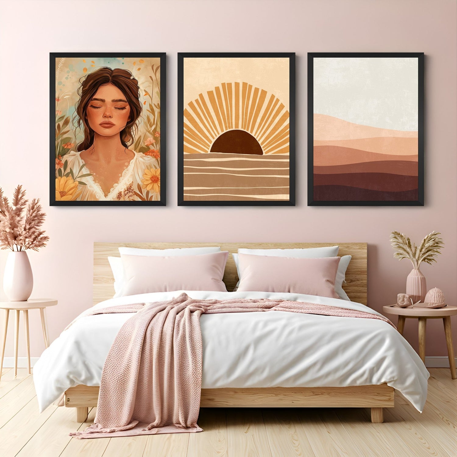 Canvas wall art trio with girl in black floral setting, child-like sun drawing in boho style, and warm desert sand design – ideal for modern decor