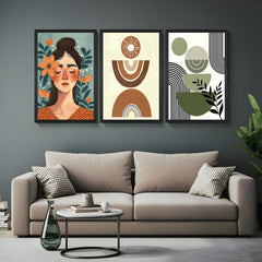 Set of 3 boho canvas prints with peaceful girl portrait, clean minimal shapes, and green toned stone abstract art – perfect for calm decor