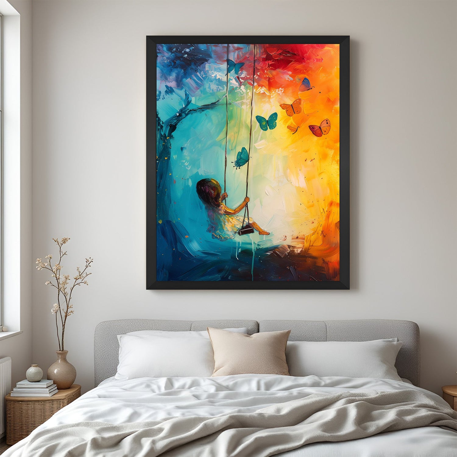 Black frame abstract artwork of girl on swing with butterflies and tree – vibrant painted wall art for kids’ rooms and cozy interiors