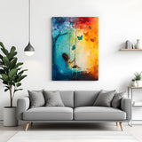 Abstract canvas wall art of a little girl swinging from a tree with butterflies – whimsical and colorful painted artwork for modern decor