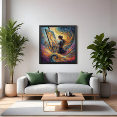 Black-framed wall art of a girl painting in a surreal, magical landscape—ideal for dreamy interiors, creative workspaces, and artistic bedrooms