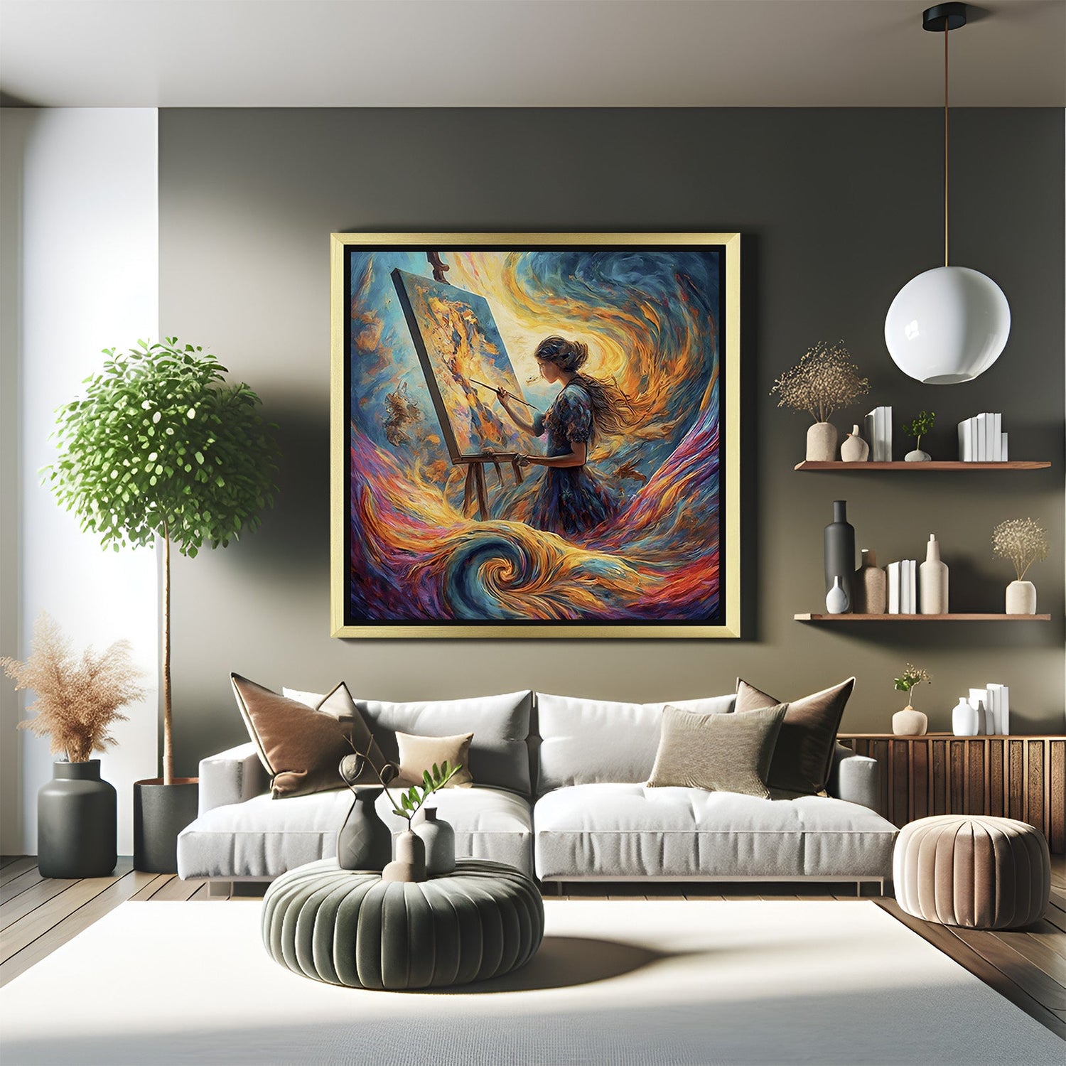 Golden-framed canvas showing a girl painting her dreams in a mystical world—perfect for modern interiors with a love for art and imagination