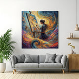 Modern canvas art of a girl painting her dreams in a glowing magical world—fantastical and expressive wall decor for dreamers and creatives