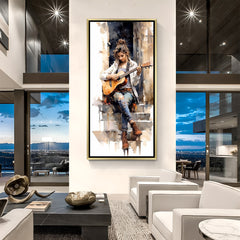 Abstract hand-painted canvas wall art of a girl sitting on stairs playing guitar in golden floater frame