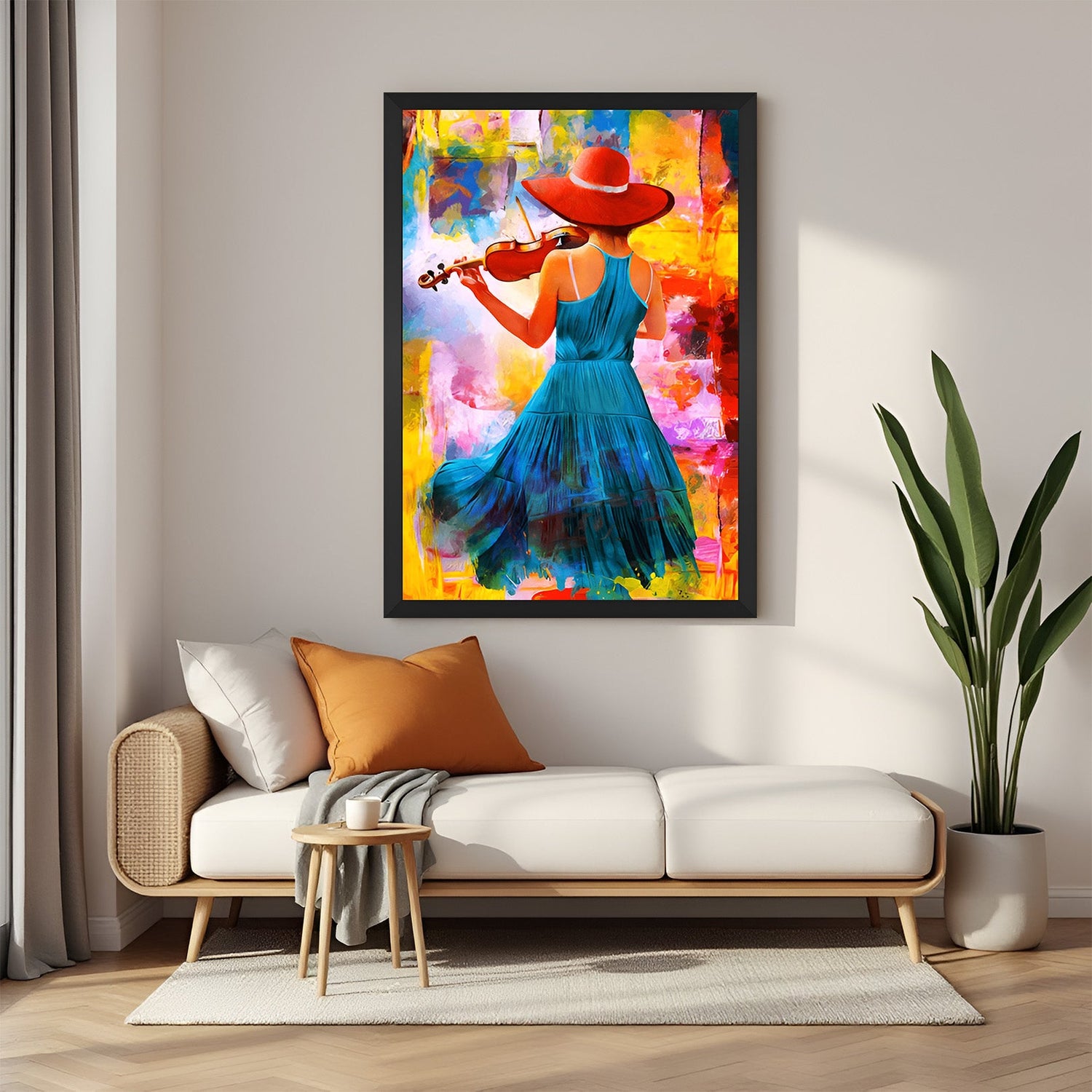 Black frame abstract canvas of girl with violin back view – expressive musical artwork for modern home wall styling