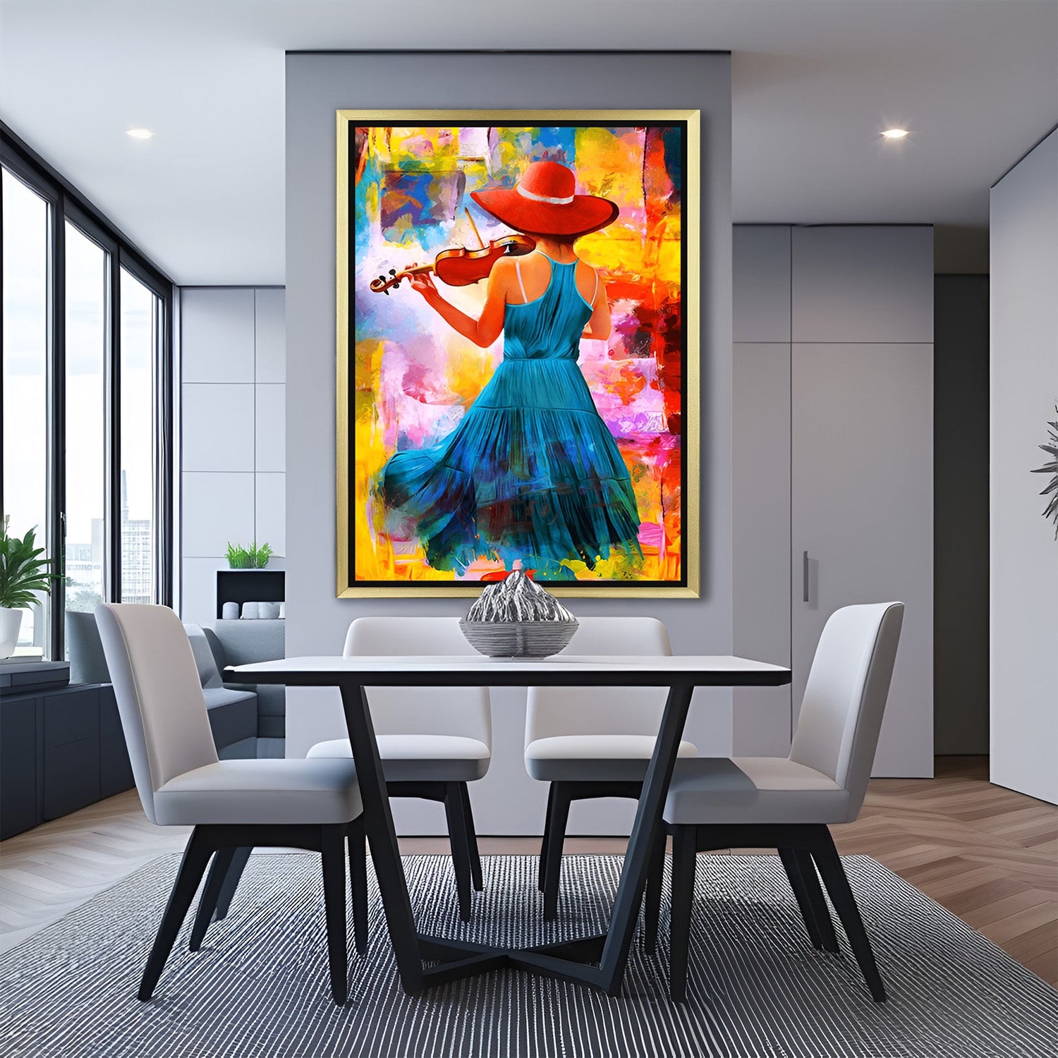 Golden frame abstract wall art of a girl playing violin – elegant canvas print capturing musical emotion in artistic back view
