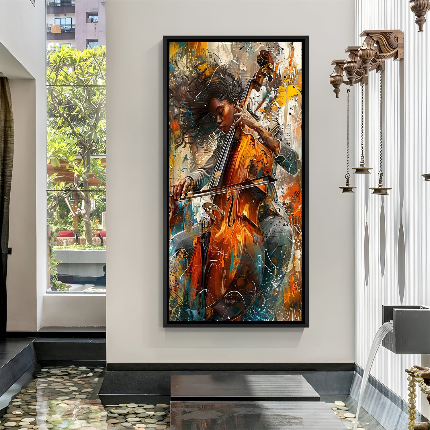 Abstract hand-painted canvas wall art of a girl playing violin with dedication in black floater frame