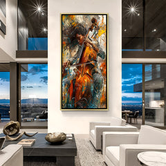 Abstract hand-painted canvas wall art of a girl playing violin with dedication in golden floater frame