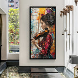 Abstract Hand Painted Girl Playing Violin Canvas Wall Art in Black Floater Frame