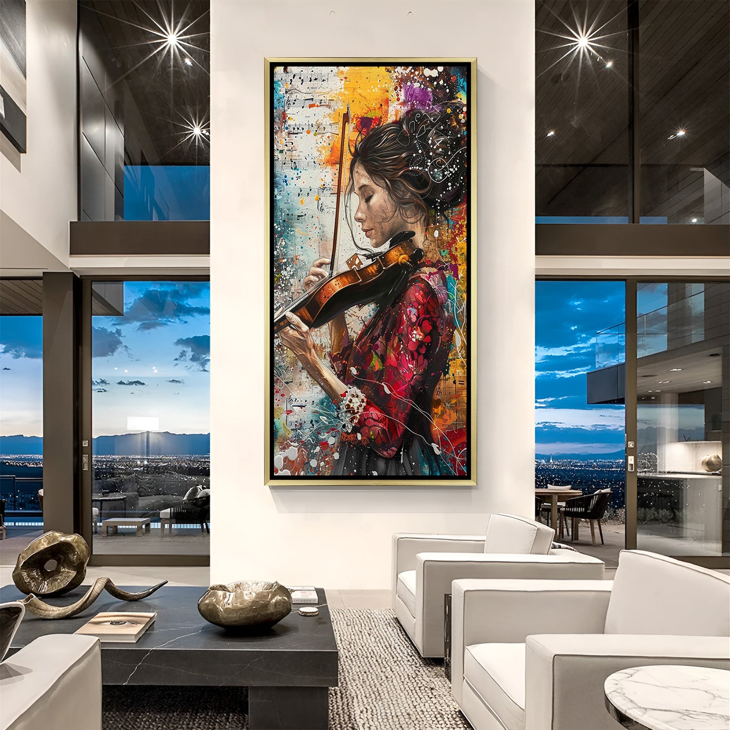 Abstract Girl Playing Violin Hand Painted Musical Canvas Art in Golden Floater Frame