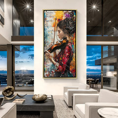 Abstract Girl Playing Violin Hand Painted Musical Canvas Art in Golden Floater Frame
