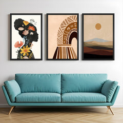 Set of 3 canvas prints with floral girl silhouette, organic boho abstract art, and soft desert landscape – perfect for warm, minimal decor