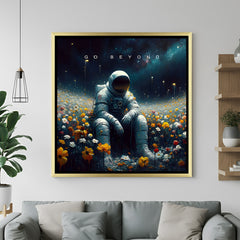 Luxury golden frame canvas art featuring astronaut and floral scene with bold quote – perfect for achievers and thinkers.