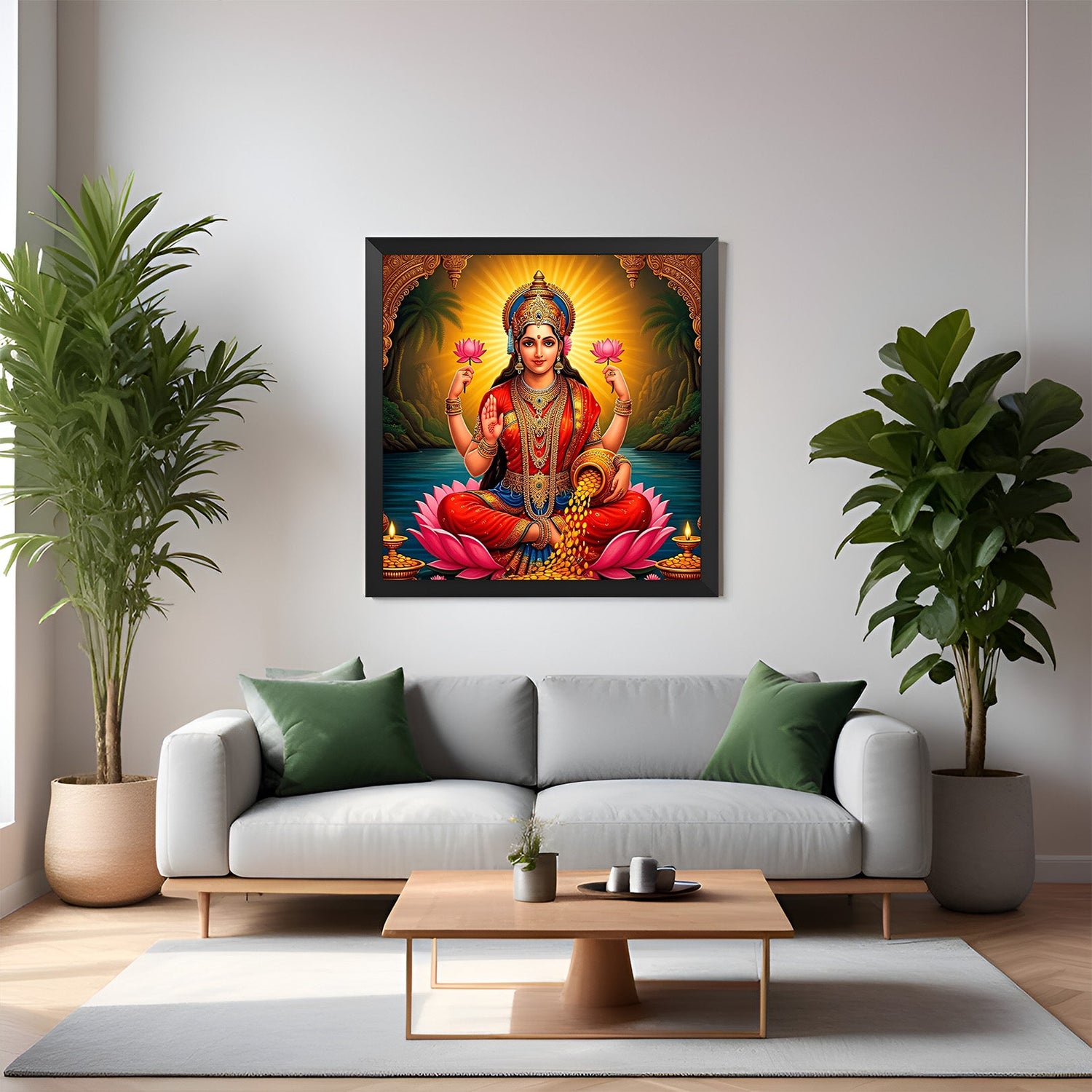 black frame goddess laxmi canvas painting for vastu decor to enhance prosperity success and spiritual blessings in any interior setting